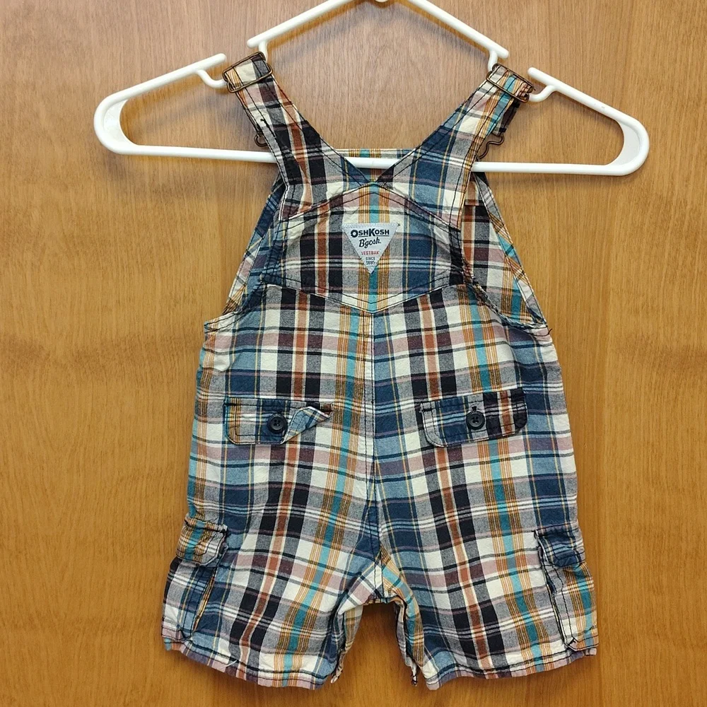 OshKosh B'gosh Kids Plaid Shorts Overalls Blue, Maroon, Mustard, Teal And Cream